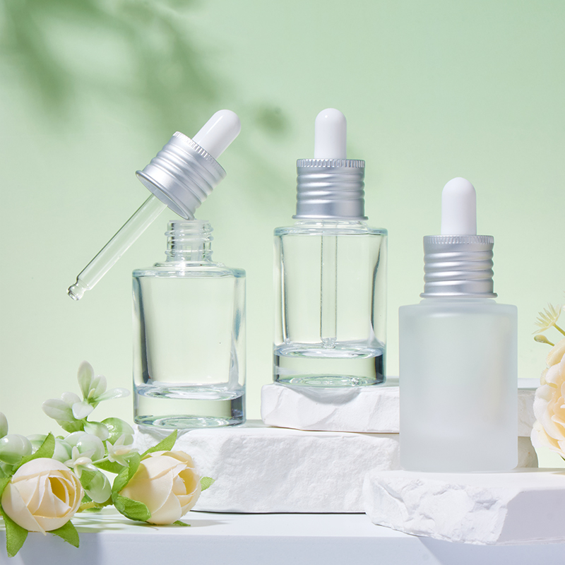 20mm 30ml stříbrné kruhové matné a průhledné skleněné lahvičky s kapátkem